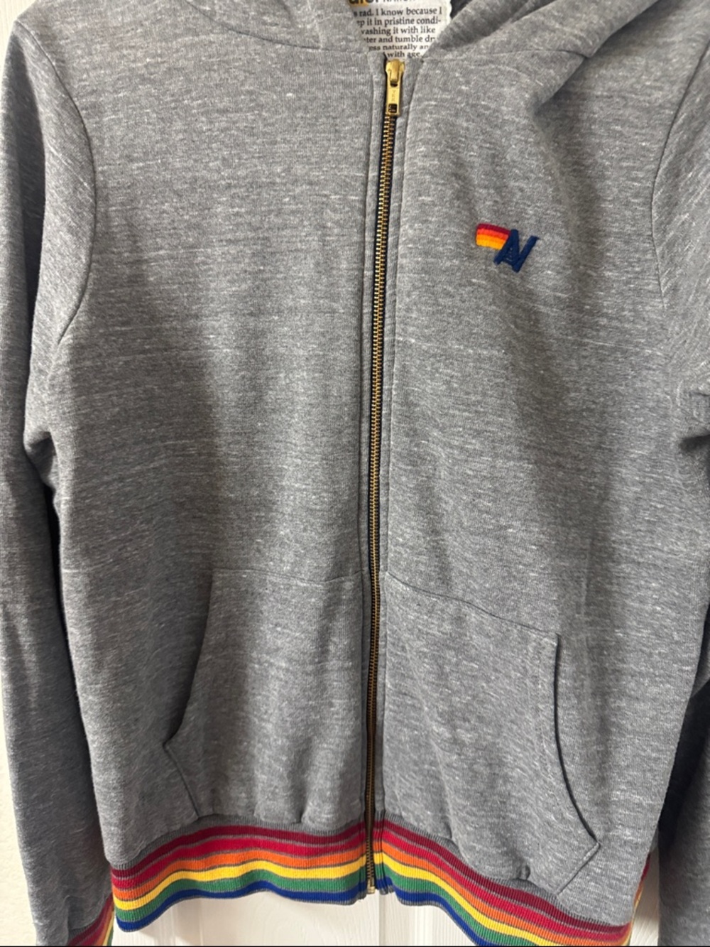 Aviator Nation Gray Zip Hoodie with Rainbow Stripe Hem - Picture 2 of 4